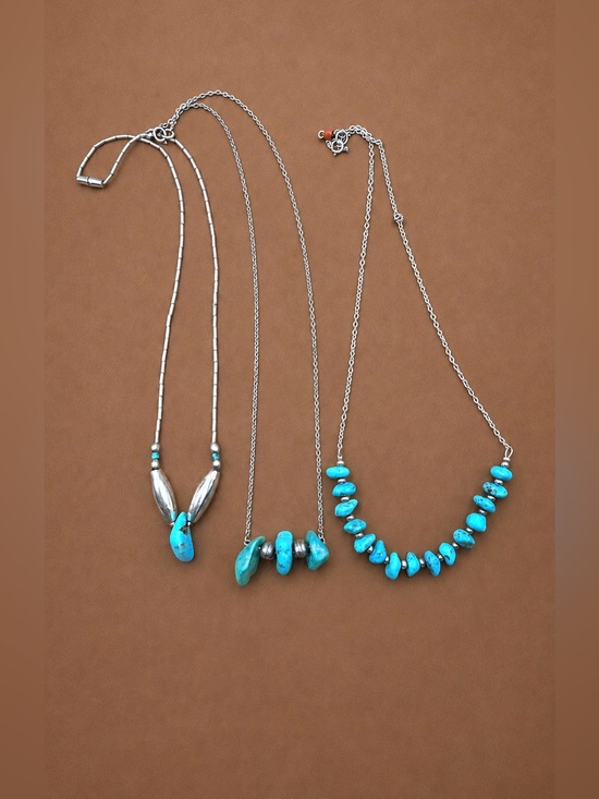 Native American Jewelry - Three Vintage Navajo Native American Sterling Turquoise Nugget Beaded Necklaces